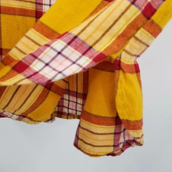 Old navy women medium plaid flannel button up shirt mustard yellow burgundy red - Picture 7 of 12